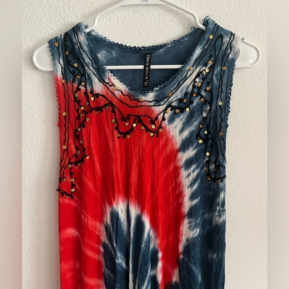 True Rock Boho Tie Dye Tank Dress Red White and Blue 4th of July - Picture 3 of 4